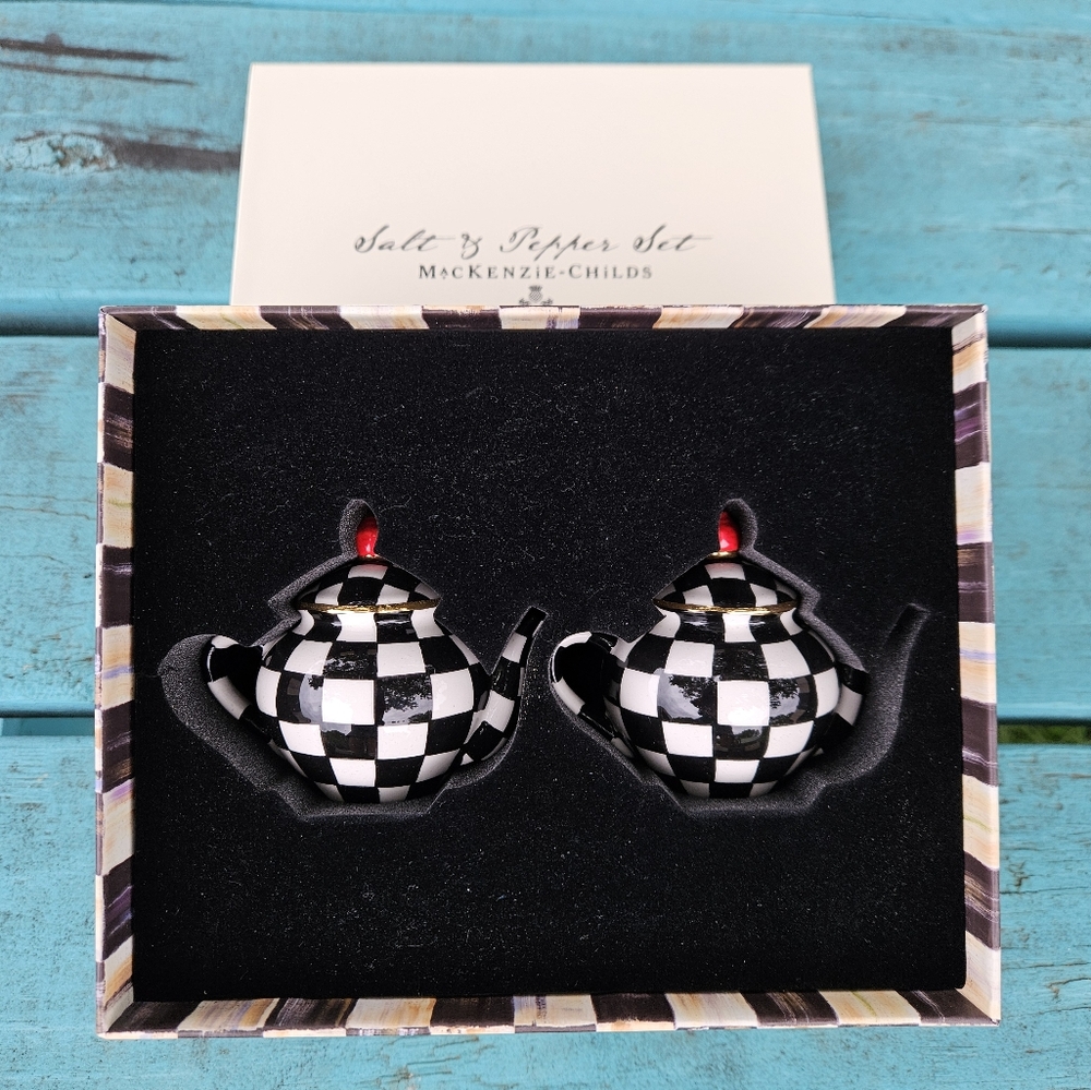 Mackenzie Childs Courtly Check Teapot Salt & Pepper Shakers - Picture 4 of 9